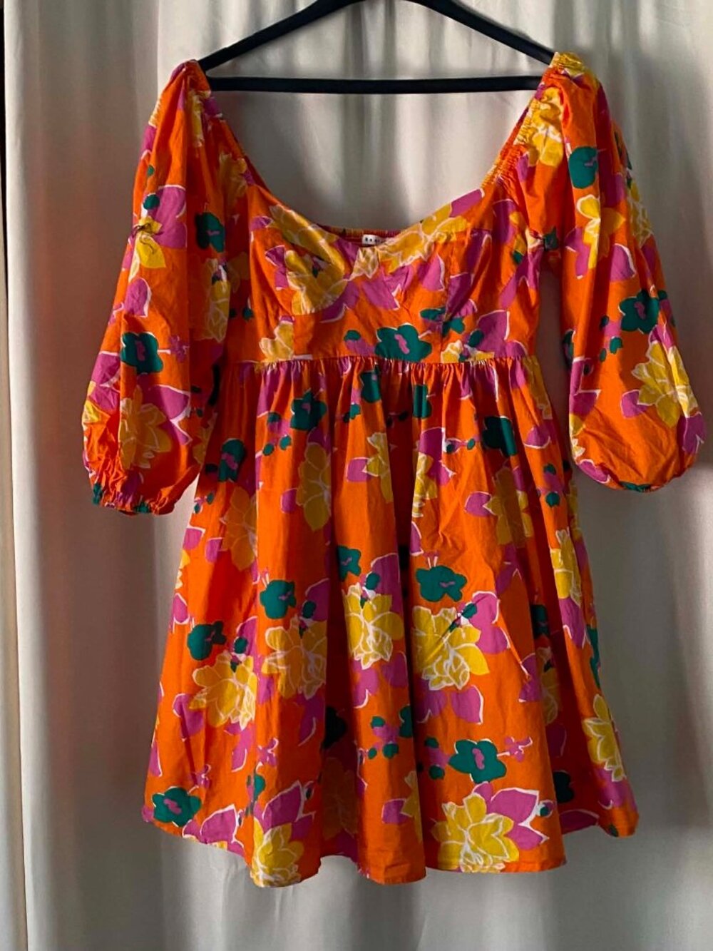 BaeVely Orange Floral Puff Sleeve Cotton Mini Dress Smocked Back Size Small